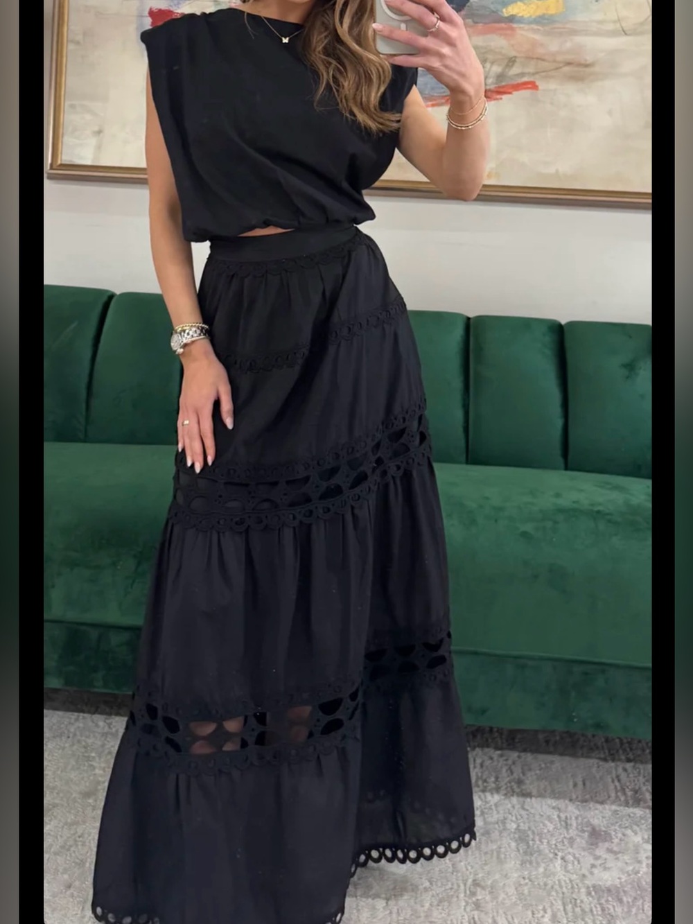 So Me Black SLEEVELESS CROP BUBBLE TOP & LACE TRIMMED MAXI SKIRT SET NWT Size XL